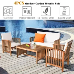 Costway 4PCS Patio Solid Wood Furniture Set Conversation Coffee Table W/White Cushion -Crosley Shop GUEST 02db6b5c 94f2 449e 81d6 2342b21aba9b
