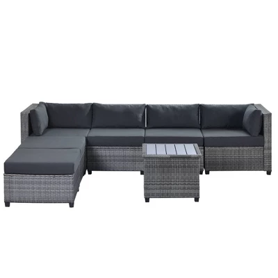7pc Outdoor Set With Rattan Sofa & Cushions - Gray - GODEER 5 7pc Outdoor Set With Rattan Sofa & Cushions - Gray - GODEER - Image 3