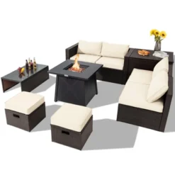 Tangkula 9PCS Outdoor Patio Furniture Set With 30" Propane Fire Pit Table PE Wicker Space-Saving Sectional Sofa Set W/ Storage Box & Cushions -Crosley Shop GUEST 0976d6b2 2502 4893 bd81 821c6d21a2e6