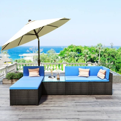 5pc Wicker Patio Sectional Seating Set With Cushions - Black/Blue - GODEER 4 5pc Wicker Patio Sectional Seating Set With Cushions - Black/Blue - GODEER - Image 2