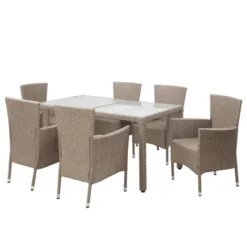 7pc Outdoor Wicker Dining Set With Cushions - Beige - GODEER
