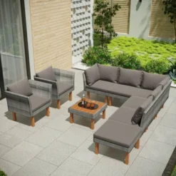 9pc Wicker & Acacia Wood Patio Conversation Set - Gray - GODEER -Crosley Shop GUEST 0c7b3f7d ae05 48b9 a4eb ebce1279fb54
