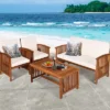 Costway 4PCS Patio Solid Wood Furniture Set Conversation Coffee Table W/White Cushion -Crosley Shop GUEST 0ca22a7c 03f7 47ec aaa9 89911c8d42ae