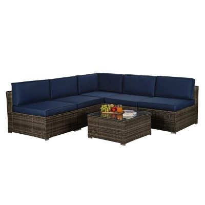 3pc Outdoor Rattan Wicker Conversation Set With Accent Table & Sectional - Brown/Blue - GODEER 4 3pc Outdoor Rattan Wicker Conversation Set With Accent Table & Sectional - Brown/Blue - GODEER - Image 2