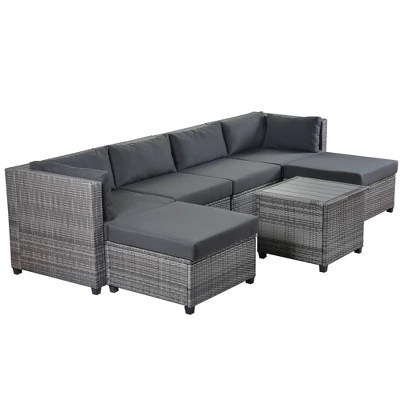7pc Outdoor Set With Rattan Sofa & Cushions - Gray - GODEER 4 7pc Outdoor Set With Rattan Sofa & Cushions - Gray - GODEER - Image 2