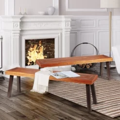 Costway Set Of 2 Patio Acacia Wood Dining Bench With Rustic Steel Legs Outdoor Indoor -Crosley Shop GUEST 0f9053e4 a831 4bfc 9155 694f393ac4d4