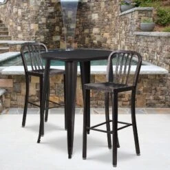 Flash Furniture Commercial Grade 30" Round Metal Indoor-Outdoor Bar Table Set With 2 Vertical Slat Back Stools