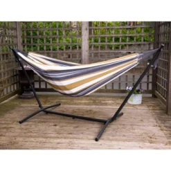 The Hamptons Collection 110” Grey And Gold Striped Brazilian Style Hammock With A Steel Hammock Stand -Crosley Shop GUEST 1342bbe2 a378 437c 9366 d3718d26a70e