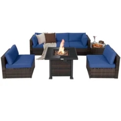 Tangkula Patio Rattan 7PCS Cushioned Chair Set Furniture Set Thick Cushion W/ 50,000 BTU Propane Fire Pit Table For Garden Black/Navy/Red/Turquoise/Off White -Crosley Shop GUEST 1772ee00 7952 44b5 b893 bee8d9302dea