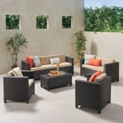 Puerta 5pc Wicker Sofa Chat Set - Dark Brown/Beige - Christopher Knight Home