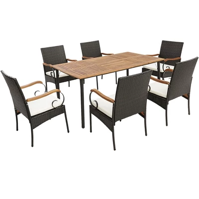 Costway 7PCS Patio Wicker Dining Set Acacia Wood Armrests Table With Detachable Cushions &Umbrella Hole 10 Costway 7PCS Patio Wicker Dining Set Acacia Wood Armrests Table With Detachable Cushions &Umbrella Hole - Image 8