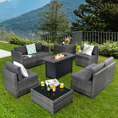Tangkula 9 PCS Rattan Dinning Set Wicker Sofa W/Propane Gas Fire Pit 60,000 Btu Heater 4 Tangkula 9 PCS Rattan Dinning Set Wicker Sofa W/Propane Gas Fire Pit 60,000 Btu Heater - Image 2