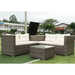 4pc Wicker Patio Sectional Seating Set With Cushions - Gray/Beige - GODEER -Crosley Shop GUEST 1d3297cc ed5e 41e8 b6c8 b27389ef99a6
