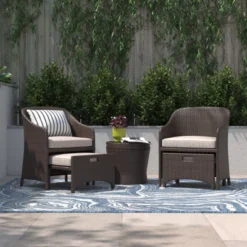 Barton 5-Pieces Patio Sofa Ottoman Wicker Set With Side Storage Table, Brown/Beige
