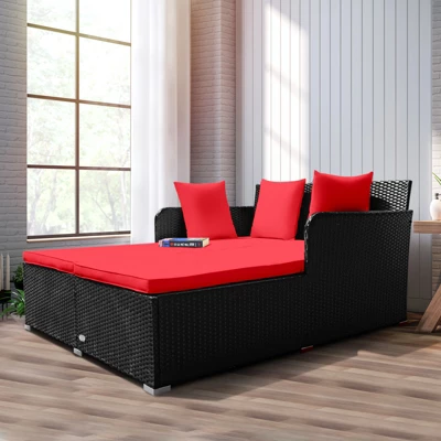 Tangkula Patio Rattan Daybed With 4 Pillows Cushioned Sofa For Outdoor 4 Tangkula Patio Rattan Daybed With 4 Pillows Cushioned Sofa For Outdoor - Image 2