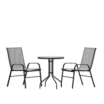 Emma And Oliver Three Piece Patio Table Set With Round Metal Frame Table With Tempered Glass Top And Two Flex Comfort Stacking Chairs 14 Emma And Oliver Three Piece Patio Table Set With Round Metal Frame Table With Tempered Glass Top And Two Flex Comfort Stacking Chairs - Image 12