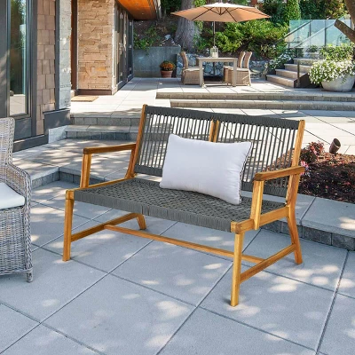 Costway 2-Person Patio Acacia Wood Bench Loveseat Chair Garden Furniture BlackGreyTurquoise 11 Costway 2-Person Patio Acacia Wood Bench Loveseat Chair Garden Furniture Black\Grey\Turquoise - Image 9