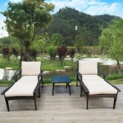 5pc Wicker Patio Set With Cushions - Brown/Beige - GODEER