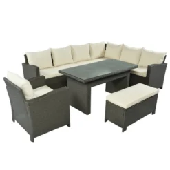 6pc Outdoor Wicker Set With Loveseats, Sofa, Chair, Coffee Table & Bench - Beige - GODEER -Crosley Shop GUEST 251f1351 b821 418f a5ef b425d9a62058