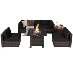 Tangkula Patio Rattan 7PCS Cushioned Chair Set Furniture Set Thick Cushion W/ 50,000 BTU Propane Fire Pit Table For Garden Black/Navy/Red/Turquoise/Off White -Crosley Shop GUEST 2588baa1 d80e 4f2d 9c5a 715de2f596c1
