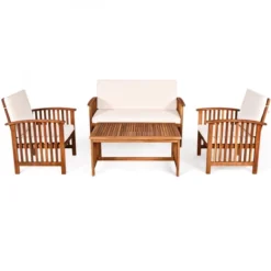Costway 4PCS Patio Solid Wood Furniture Set Conversation Coffee Table W/White Cushion -Crosley Shop GUEST 263ce62c 0785 4446 9603 6e2db88993e5