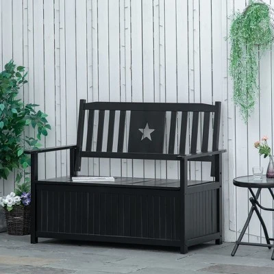 Outsunny Outdoor Wooden Storage Bench Deck Box, Wood Patio Furniture, 43 Gallon Pool Storage Bin Container With Cloth, Backrest, Armrests, Star, Black 3 Outsunny Outdoor Wooden Storage Bench Deck Box, Wood Patio Furniture, 43 Gallon Pool Storage Bin Container With Cloth, Backrest, Armrests, Star, Black