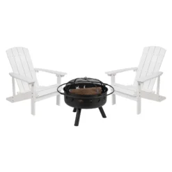 Flash Furniture 3 Piece Charlestown Poly Resin Wood Adirondack Chair Set With Fire Pit - Star And Moon Fire Pit With Mesh Cover -Crosley Shop GUEST 28c0f3af 11f6 4a8b 8c3b 857b436267d4