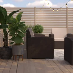 Merrick Lane Outdoor Furniture Resin Sofa Chocolate Brown Faux Rattan Wicker Pattern Patio 3-Seat Sofa With All-Weather Beige Cushions -Crosley Shop GUEST 295a9f00 8b91 494c 8768 c859f5b4e46d