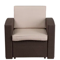 Merrick Lane Outdoor Furniture Resin Chair Chocolate Brown Faux Rattan Wicker Pattern Patio Chair With All-Weather Beige Cushion -Crosley Shop GUEST 2964846e c9da 42e9 aec0 6ac5c429fffa