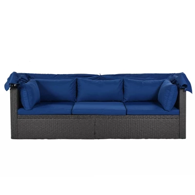4pc Outdoor Wicker Rectangle Daybed With Canopy & Cushions - Blue - GODEER 15 4pc Outdoor Wicker Rectangle Daybed With Canopy & Cushions - Blue - GODEER - Image 13