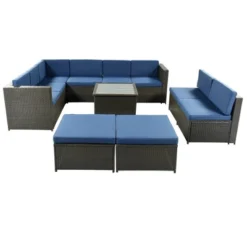 9pc Wicker Patio Sectional Seating Set With Cushions - Brown/Blue - GODEER -Crosley Shop GUEST 2abaa251 9b47 4ec8 a888 2f79ce94fbfa
