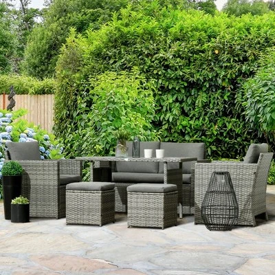 Outsunny Patio Dining Set, PE Rattan Furniture With 2 Chairs With Cushions & Outdoor Loveseat Sofa, Woodgrain Slatted Dinner Table, Mixed Gray 4 Outsunny Patio Dining Set, PE Rattan Furniture With 2 Chairs With Cushions & Outdoor Loveseat Sofa, Woodgrain Slatted Dinner Table, Mixed Gray - Image 2