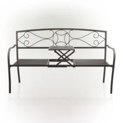 Metal Garden Bench With Retractable Table Black - Alpine Corporation