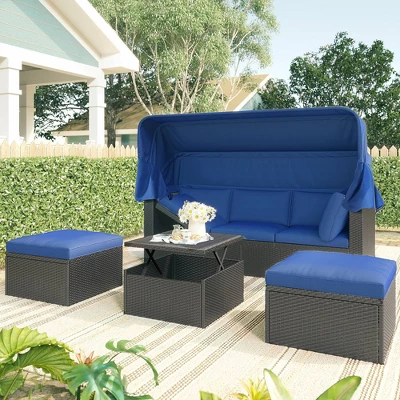 4pc Outdoor Wicker Rectangle Daybed With Canopy & Cushions - Blue - GODEER 3 4pc Outdoor Wicker Rectangle Daybed With Canopy & Cushions - Blue - GODEER
