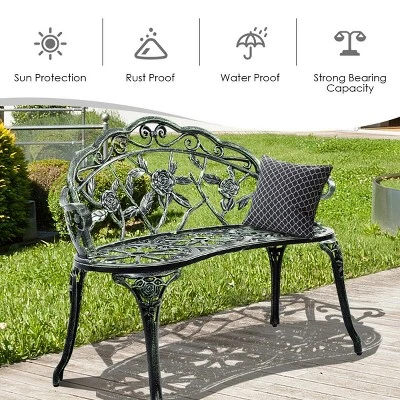 Costway Patio Garden Bench Chair Style Porch Cast Aluminum Outdoor Rose Antique Green 6 Costway Patio Garden Bench Chair Style Porch Cast Aluminum Outdoor Rose Antique Green - Image 5