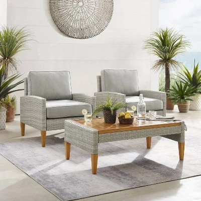 Capella Outdoor Wicker 3 Pc Set With Two Chairs And Coffee Table Gray/Acorn - Crosley 6 Capella Outdoor Wicker 3 Pc Set With Two Chairs And Coffee Table Gray/Acorn - Crosley - Image 4