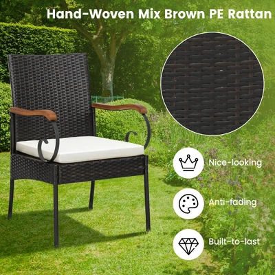 Costway 7PCS Patio Wicker Dining Set Acacia Wood Armrests Table With Detachable Cushions &Umbrella Hole 4 Costway 7PCS Patio Wicker Dining Set Acacia Wood Armrests Table With Detachable Cushions &Umbrella Hole - Image 2