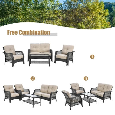 Costway 4PCS Patio Wicker Furniture Set Loveseat Sofa Coffee Table W/ Cushion 5 Costway 4PCS Patio Wicker Furniture Set Loveseat Sofa Coffee Table W/ Cushion - Image 3
