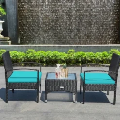 Tangkula 3 PCS Patio Wicker Rattan Furniture Set Coffee Table & 2 Rattan Chair W/ Cushion Turquoise
