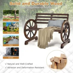 Costway Outdoor Wooden Wagon Wheel Garden Bench 2-Person Slatted Seat Armrests Rustic -Crosley Shop GUEST 3fd4cab9 a4e2 449d ad93 525cbd0718f9