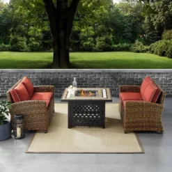 3pc Bradenton Outdoor Steel Fire Pit Set With 2 Loveseats Sangria/Weathered Brown - Crosley