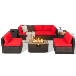 Costway 8PCS Patio Rattan Furniture Set Fire Pit Table Tank Holder Cover Deck Off White/Black/Navy/Red/Turquoise -Crosley Shop GUEST 469d391d 0e8f 4abb 913f bdf05278ae6a