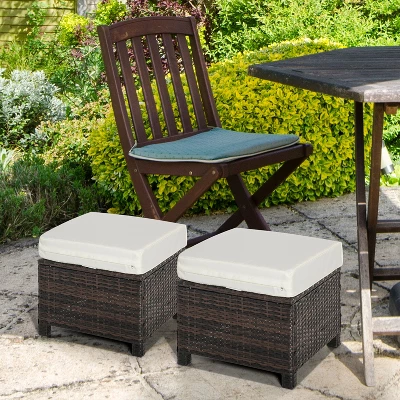 Outsunny 2 Pc 20" Outdoor PE Rattan Wicker Ottoman, Fade-Resistant Patio Footrest With Soft Cushion, Steel Frame, Brown, White 3 Outsunny 2 Pc 20" Outdoor PE Rattan Wicker Ottoman, Fade-Resistant Patio Footrest With Soft Cushion, Steel Frame, Brown, White