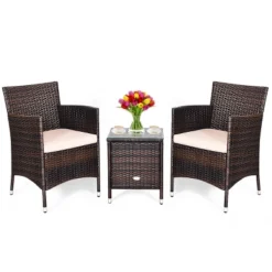 Costway Outdoor 3 PCS PE Rattan Wicker Furniture Sets Chairs Coffee Table Garden