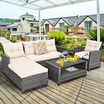 Costway 4PCS Patio Rattan Furniture Set Sofa Ottoman Cushion Garden Deck White/Gray 12 Costway 4PCS Patio Rattan Furniture Set Sofa Ottoman Cushion Garden Deck White/Gray - Image 10