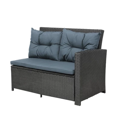 6pc Wicker Patio Conversation Set With Glass Table Ottomans & Cushions - Black/Dark Gray - GODEER 9 6pc Wicker Patio Conversation Set With Glass Table Ottomans & Cushions - Black/Dark Gray - GODEER - Image 7