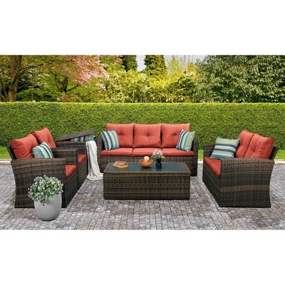 6pc Wicker Outdoor Conversation Set With Cushions - Orange - EDYO LIVING 4 6pc Wicker Outdoor Conversation Set With Cushions - Orange - EDYO LIVING - Image 2
