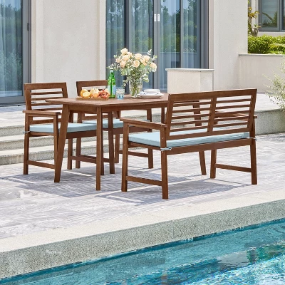 4pc Farmhouse Slatted Eucalyptus Wood Patio Dining Set With Bench - Vifah 3 4pc Farmhouse Slatted Eucalyptus Wood Patio Dining Set With Bench - Vifah