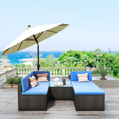 5pc Wicker Patio Sectional Seating Set With Cushions - Black/Blue - GODEER 5 5pc Wicker Patio Sectional Seating Set With Cushions - Black/Blue - GODEER - Image 3