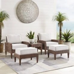 Capella 5pc Outdoor Wicker Conversation Set With Arm Chairs, Ottomans & Side Table - Cream/Brown - Crosley